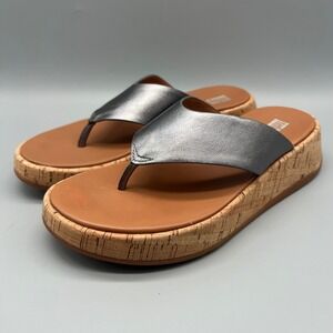 FitFlop Lulu Pewter Metallic Leather Cork Wedge Thong Sandals FT7-A68 Womens 7